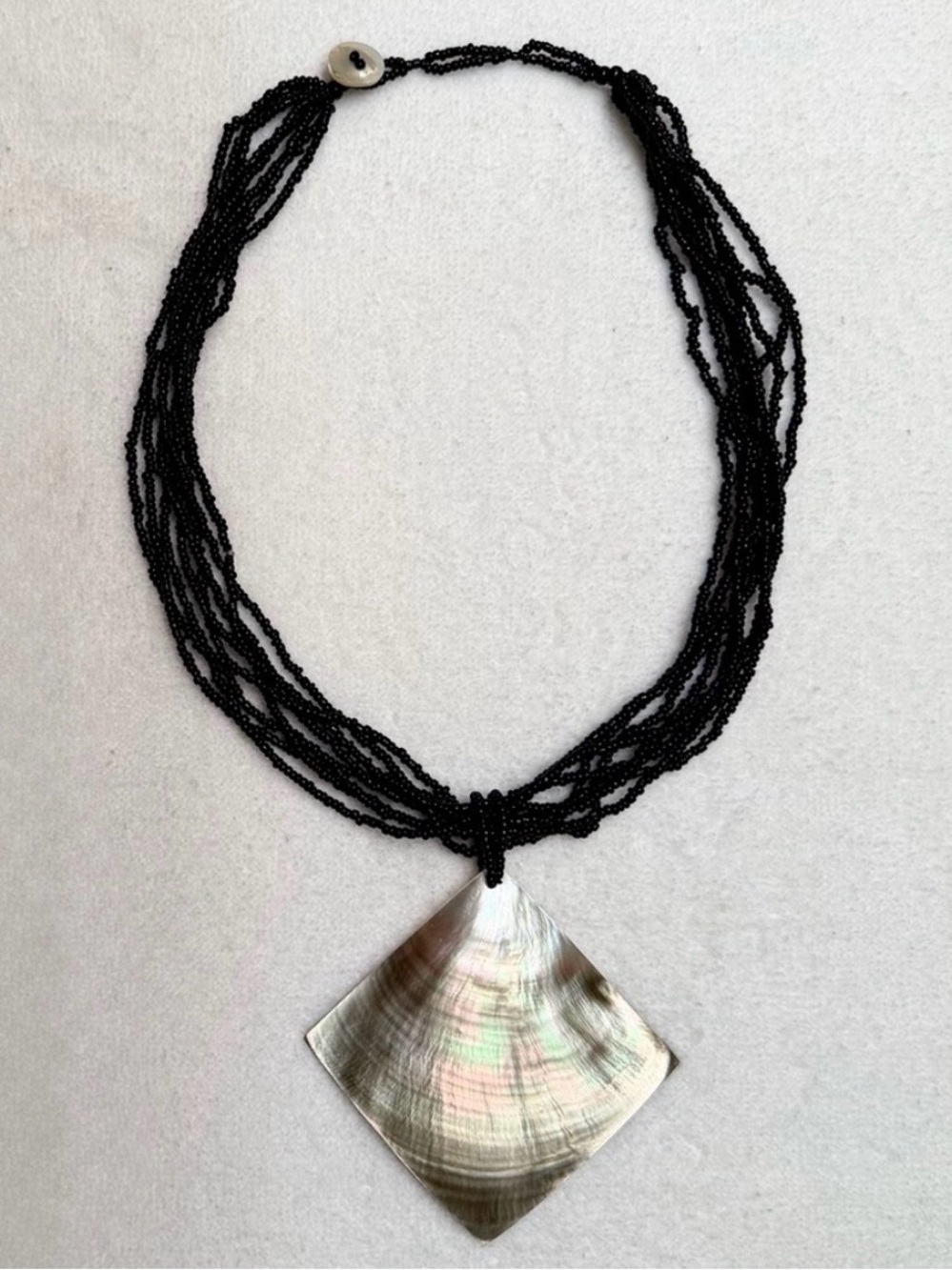 Mother-of-Pearl Square Pendant Multi-Strand Black Seed Bead 18” Necklace
